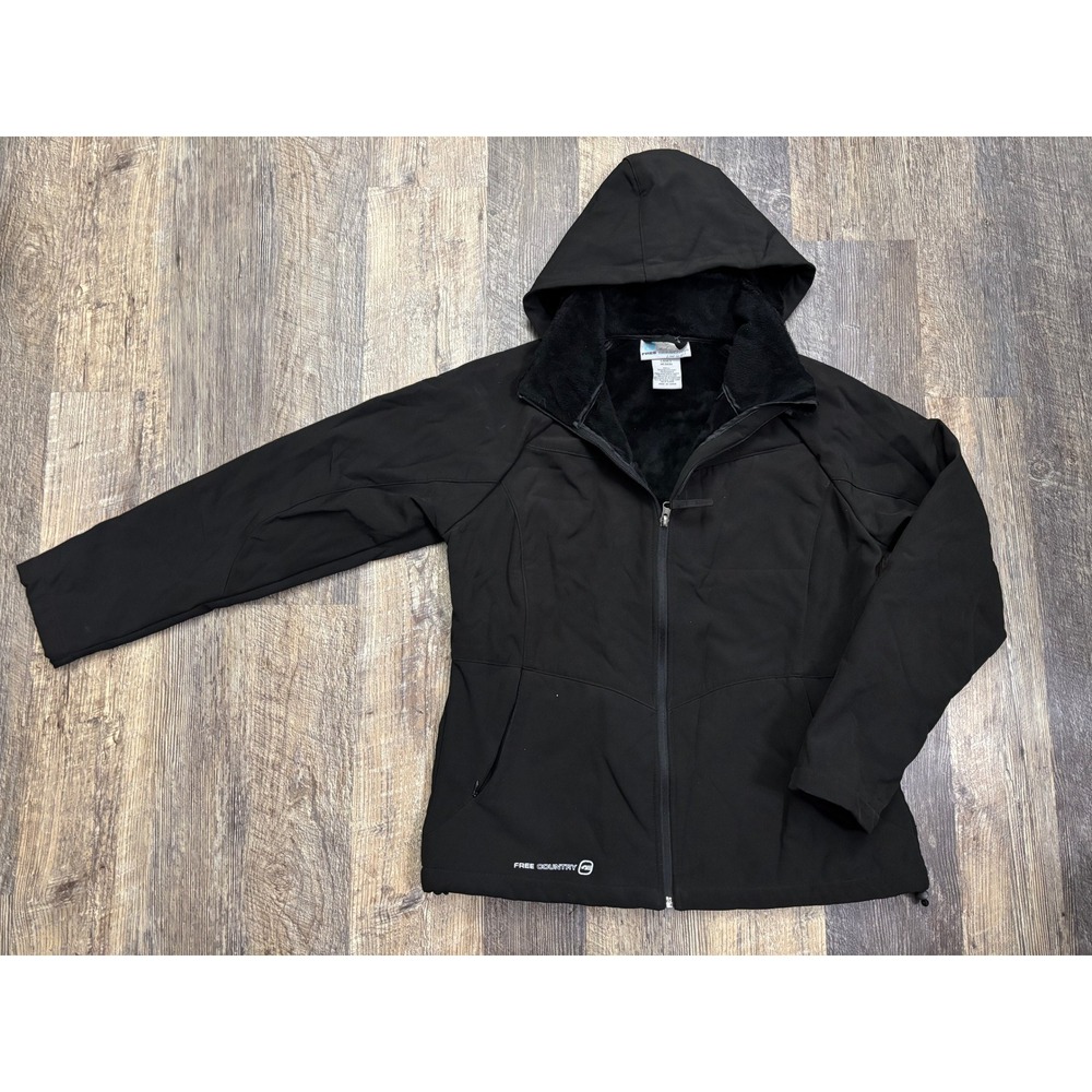 Free Country Womens Black Softshell‎ Jacket Faux Fur Lined Hooded Size Medium